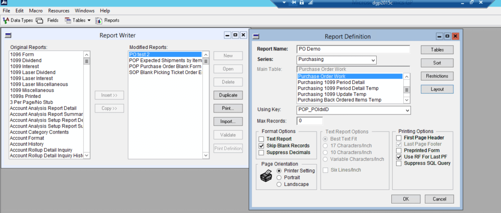 Dynamics GP report definition window